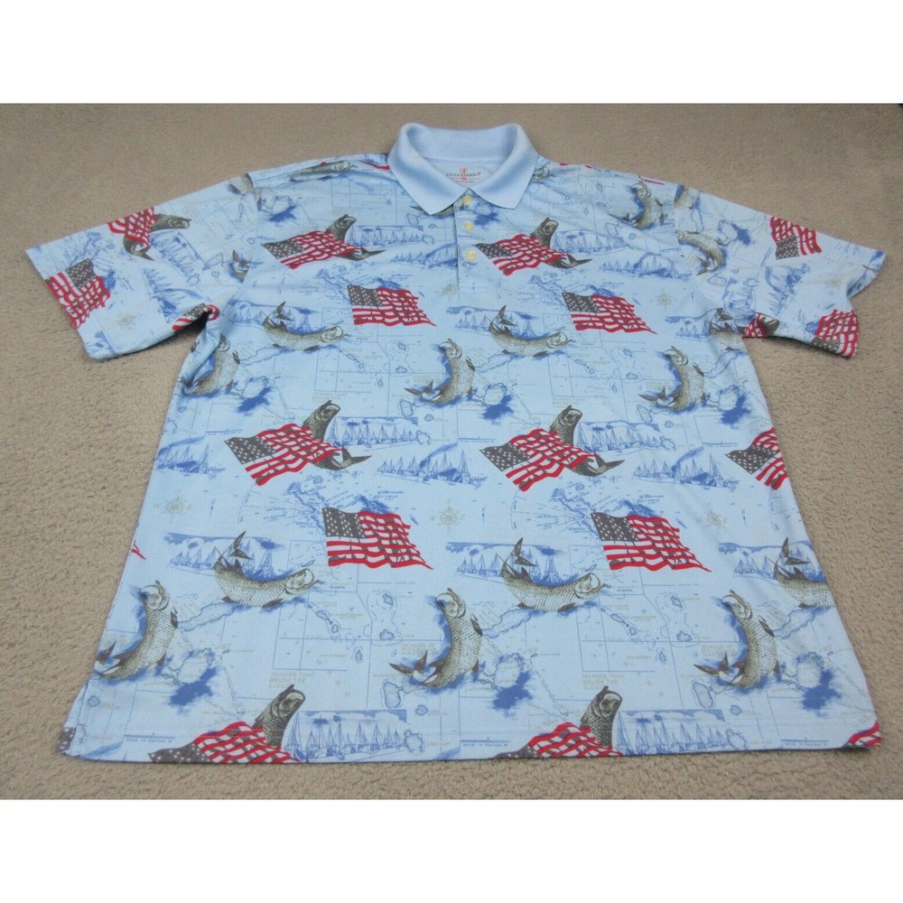 Golf America Polo Shirt Mens 2XL Blue Patriotic Fishing Nautical Print Golf